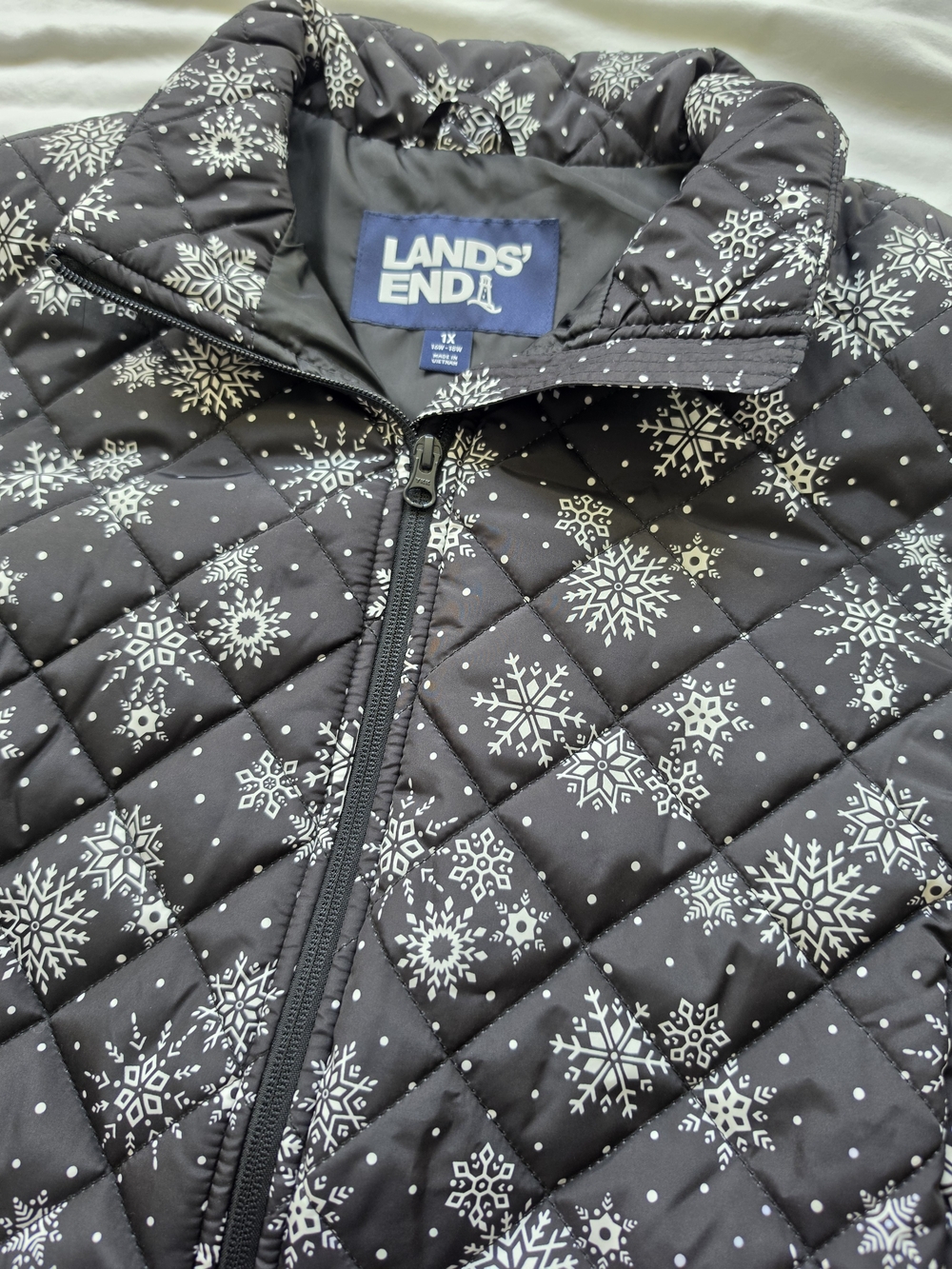 Lands End Womens 1X Black White Snowflake Quilted Puffer Vest